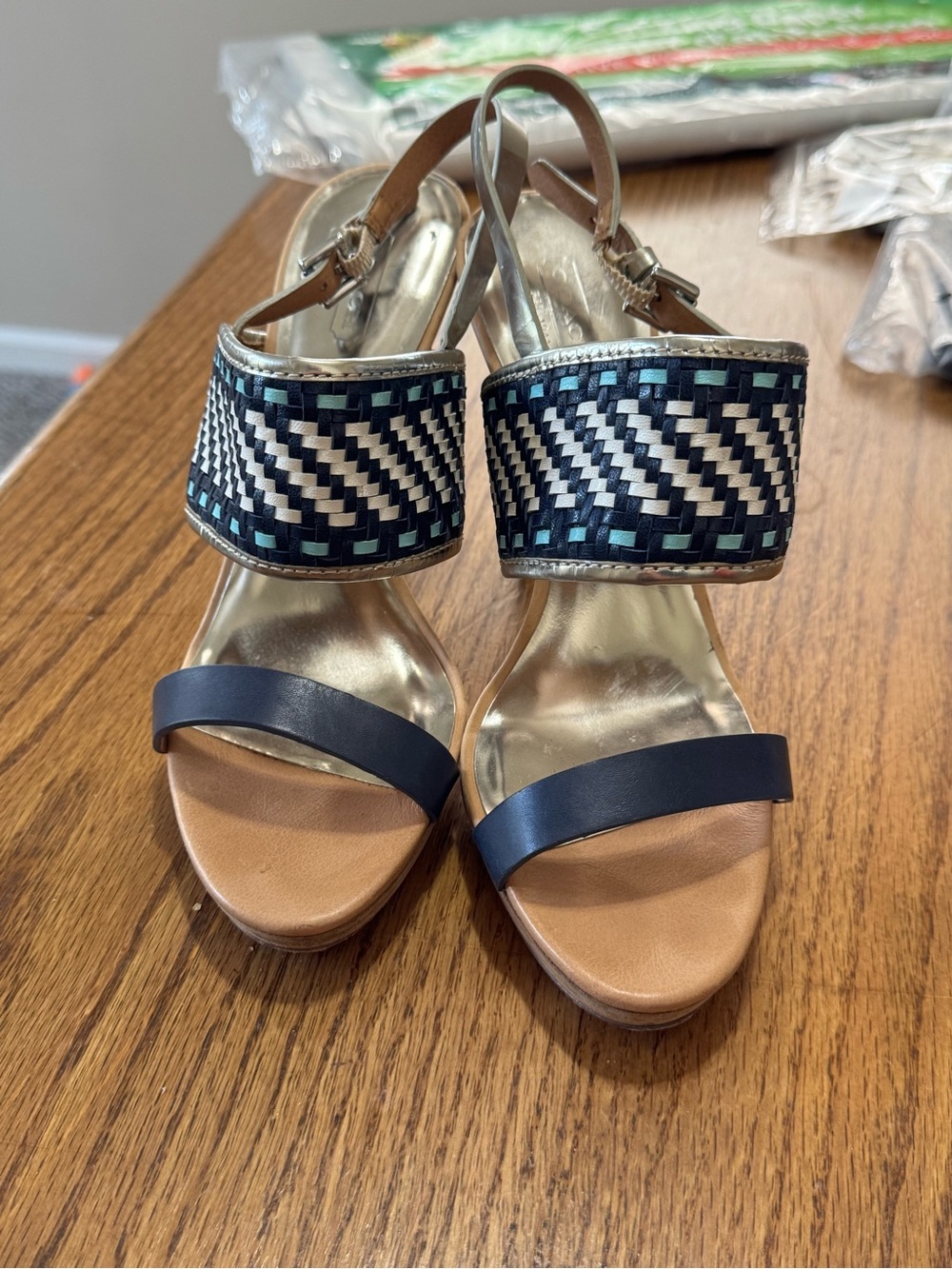 Coach Navy, Cream and Tan Woven Slingback Heels